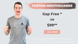 Doctor Grant with a mouthguard in his mouth advertising gap free mouthguards