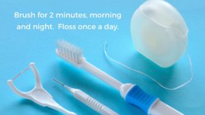 Toothbrush and flossing tools shown to demonstrate that these are needed to prevent gingivitis