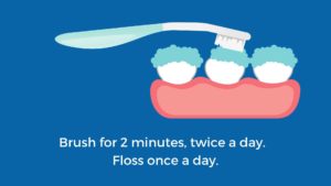 Toothbrush on teeth with toothpaste and text to say brush twice a day for two minutes to prevent gum disease