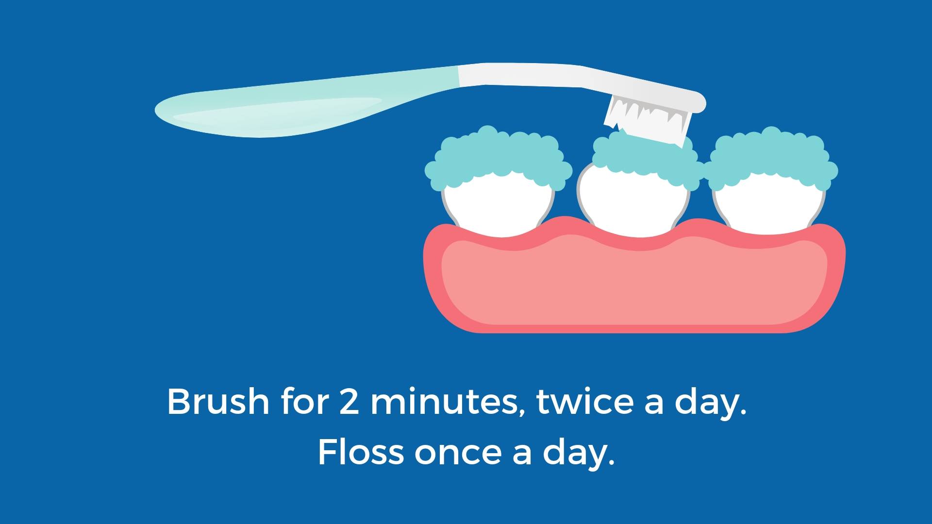 Toothbrush on teeth with toothpaste and text to say brush twice a day for two minutes to prevent gum disease