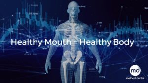 Human skeleton with echocardiogram design around it showing the link between mouth health and general health