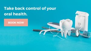 A cartoon tooth along with dental health items like a toothbrush with text to ask you to consider your oral health