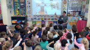 Kids paying attention to Dr. Grant talking about Carrots and oral health at St. Columba's