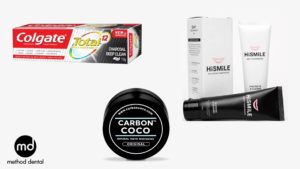 a selection of charcoal toothpastes from Colgate, carbon coco and hismile