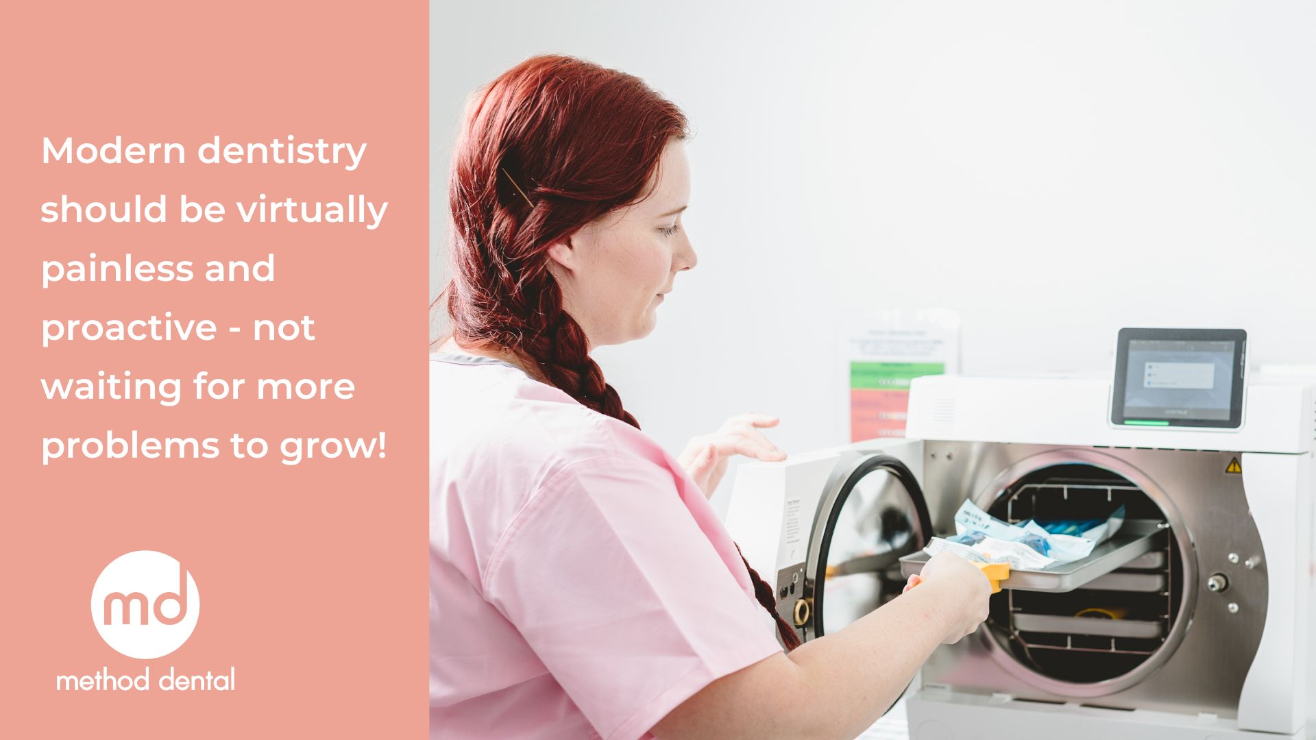 A Method Dental team member is in the modern sterilising room ensuring equipment is ready for use.